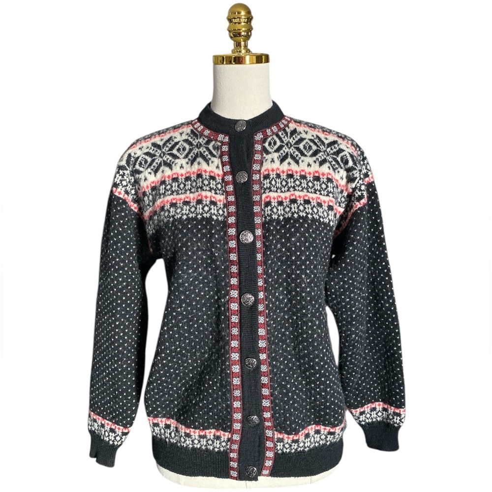 Rugged Bear Women Vtg Black Fair Isle Wool Button Ski Knit Cardigan Sweater Sz M